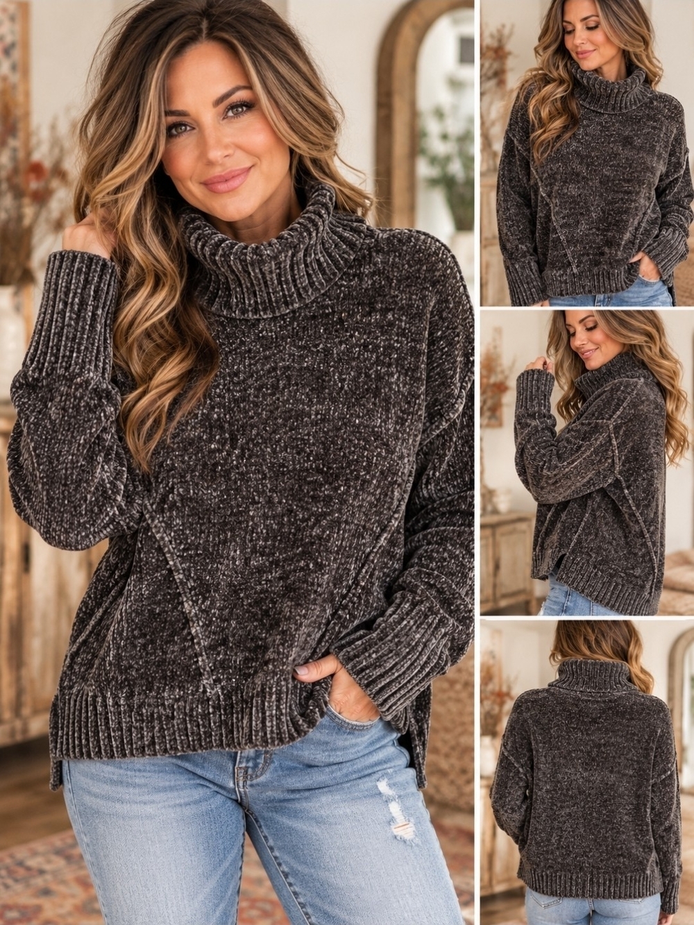 Pink Rose Chenille Turtleneck Sweater